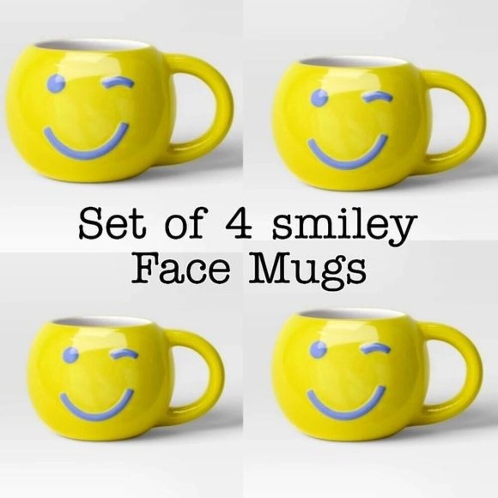 Set of 4 NWT earthenware novelty smiley face coffee Mugs ceramic cute yellow